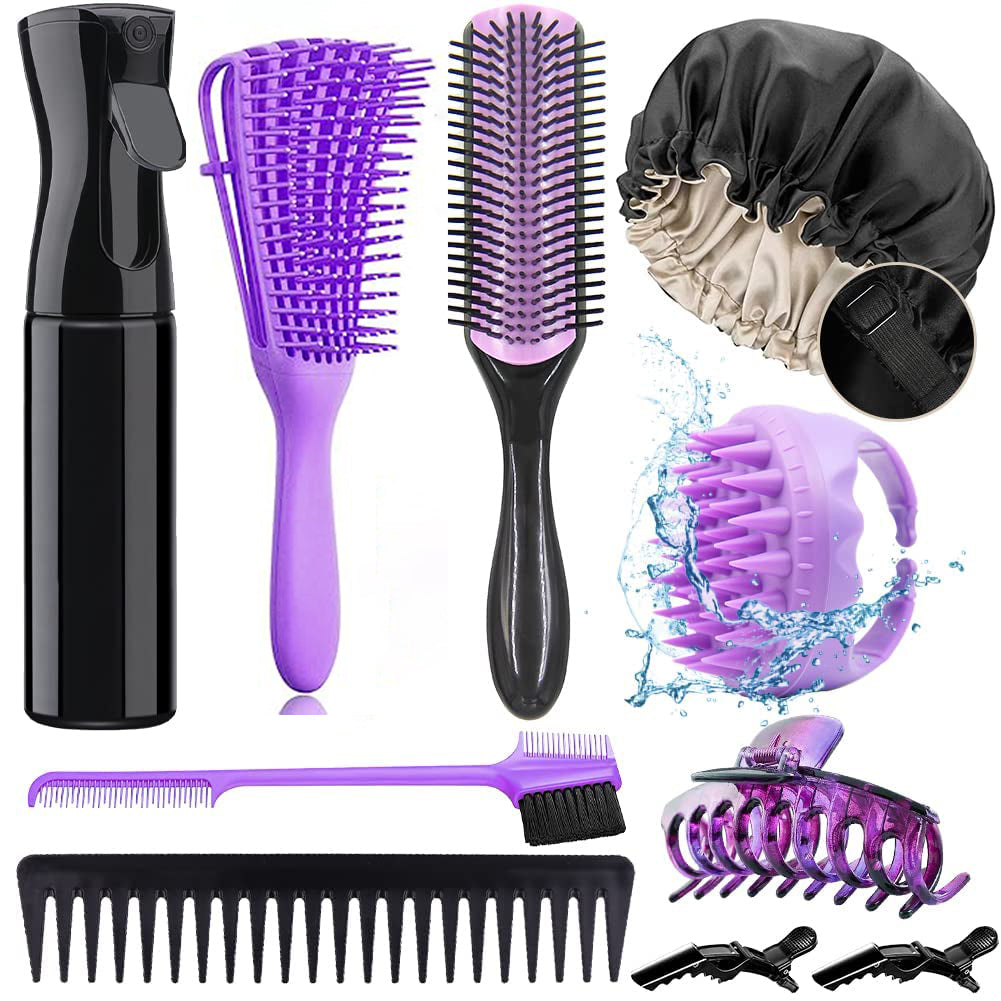10Pcs Detangling Brush for Black Natural Hair, Curly Hair Set with Sleep Bonnet Afro America/African 3a to 4c Texture, Easier and Faster on Wash Days