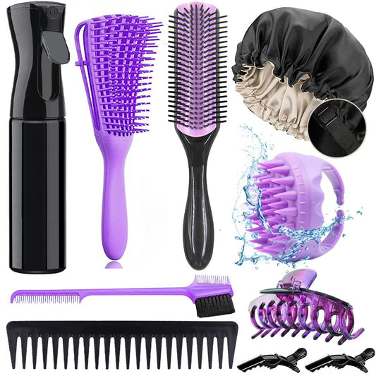 10Pcs Detangling Brush for Black Natural Hair, Curly Hair Set with Sleep Bonnet Afro America/African 3a to 4c Texture, Easier and Faster on Wash Days