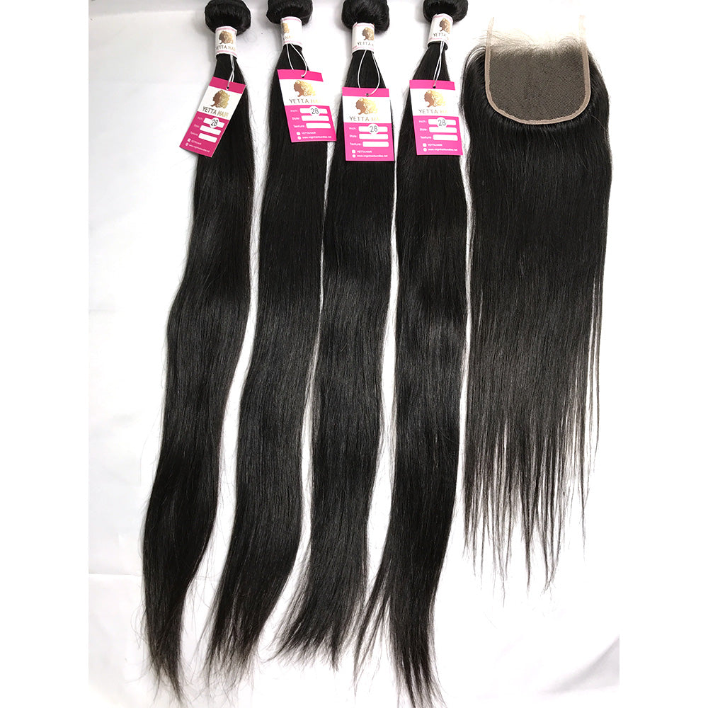 100% Virgin Brazilian Hair Straight 4bundles with Top Lace Closure