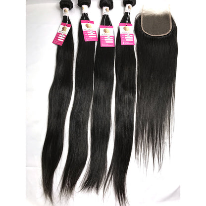 100% Virgin Brazilian Hair Straight 4bundles with Top Lace Closure