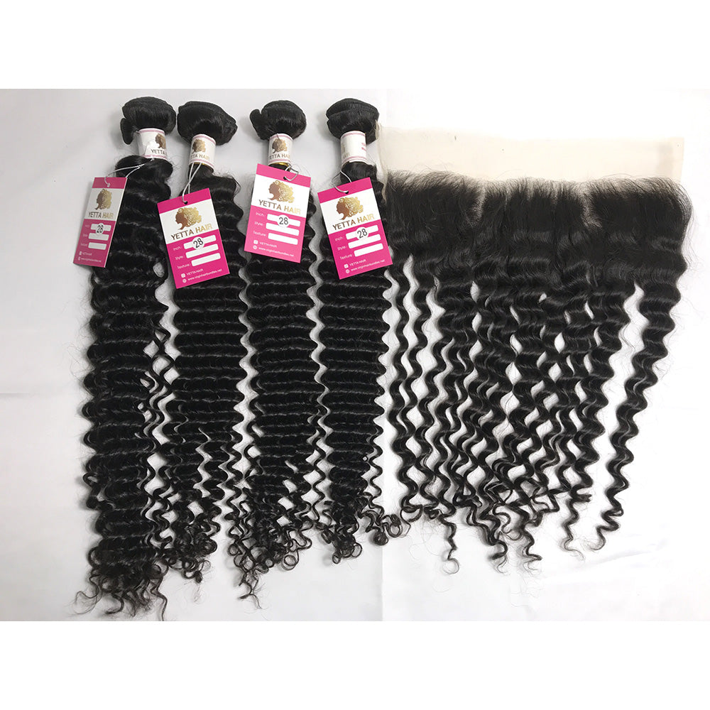 100% Virgin Brazilian Hair Deep Curly 4Bundles with Ear to ear lace frontal