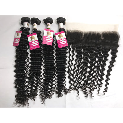 100% Virgin Brazilian Hair Deep Curly 4Bundles with Ear to ear lace frontal