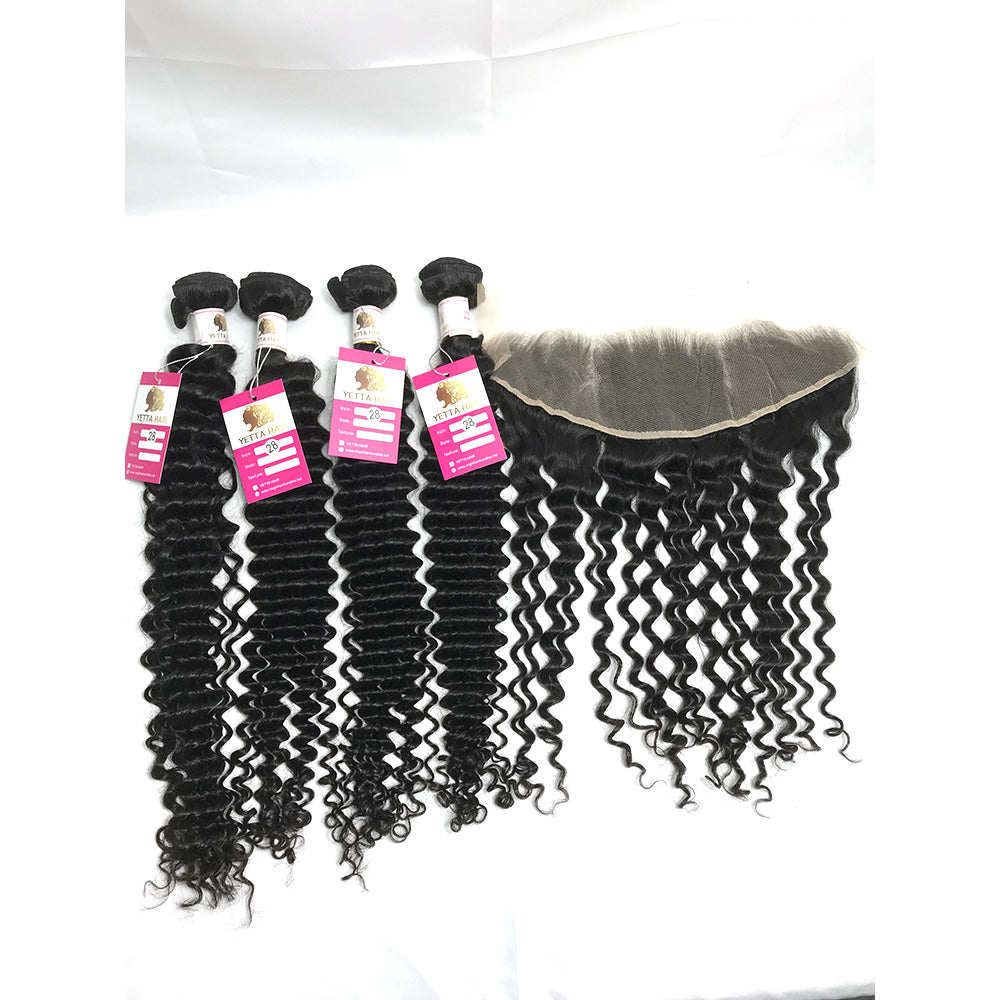 100% Virgin Brazilian Hair Deep Curly 4Bundles with Ear to ear lace frontal