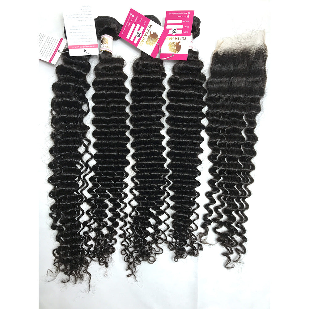 100% Virgin Brazilian Hair Deep Curly 4bundles with Top Lace Closure