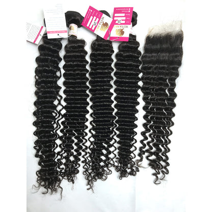 100% Virgin Brazilian Hair Deep Curly 4bundles with Top Lace Closure