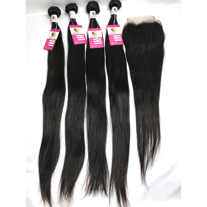 100% Virgin Brazilian Hair Straight 4bundles with Top Lace Closure