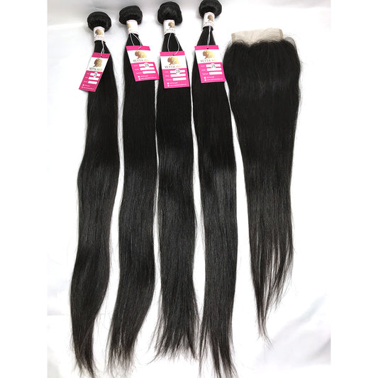100% Virgin Brazilian Hair Straight 4bundles with Top Lace Closure