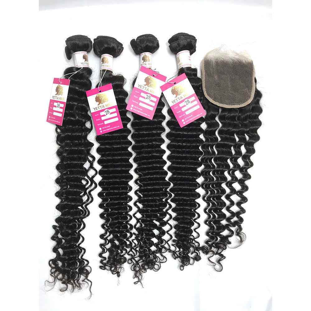 100% Virgin Brazilian Hair Deep Curly 4bundles with Top Lace Closure