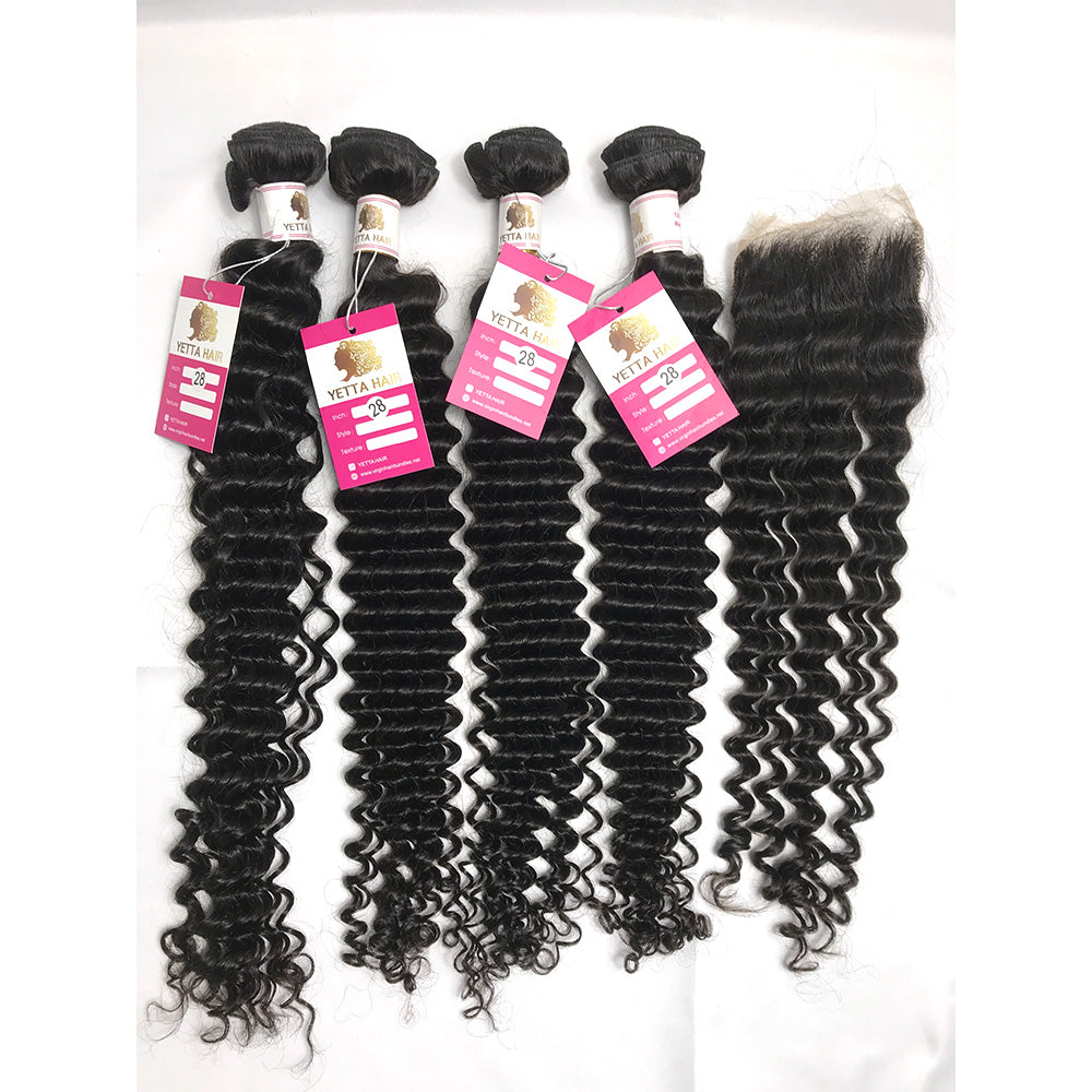 100% Virgin Brazilian Hair Deep Curly 4bundles with Top Lace Closure