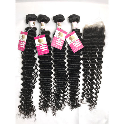 100% Virgin Brazilian Hair Deep Curly 4bundles with Top Lace Closure
