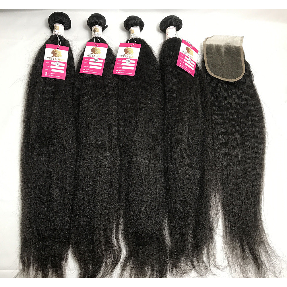 100% Virgin Brazilian Hair Kinky Straight 4bundles with Top Lace Closure