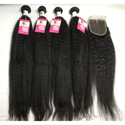 100% Virgin Brazilian Hair Kinky Straight 4bundles with Top Lace Closure