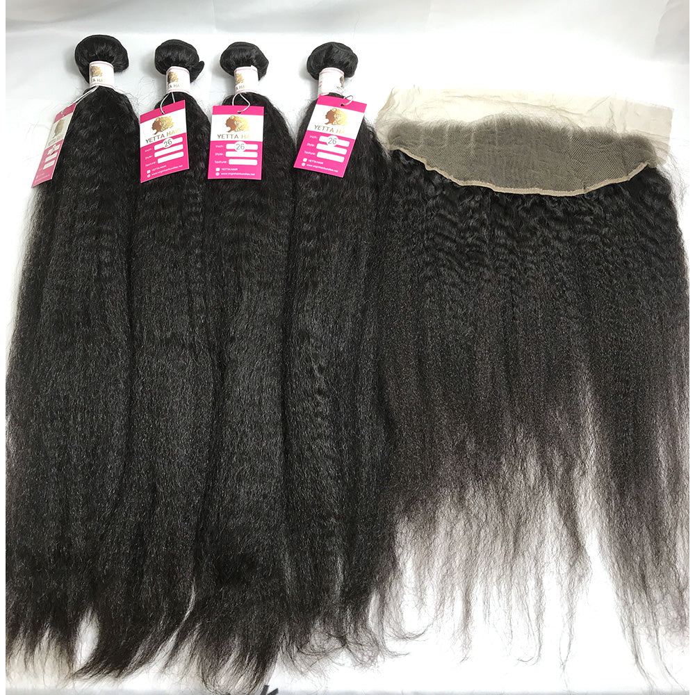 100% Virgin Brazilian Hair Kinky Straight 4bundles with ear to ear Lace Frontal