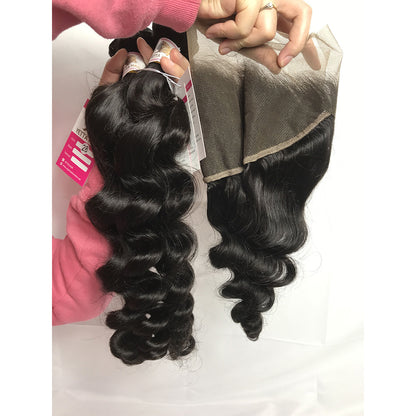 100% Virgin Brazilian Hair Loose Wave bundles with Ear to Ear Lace Frontal