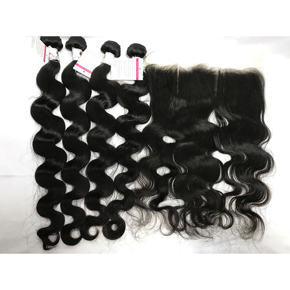 100% Virgin Brazilian Hair Body wave 4Bundles with Ear to ear Lace Frontal