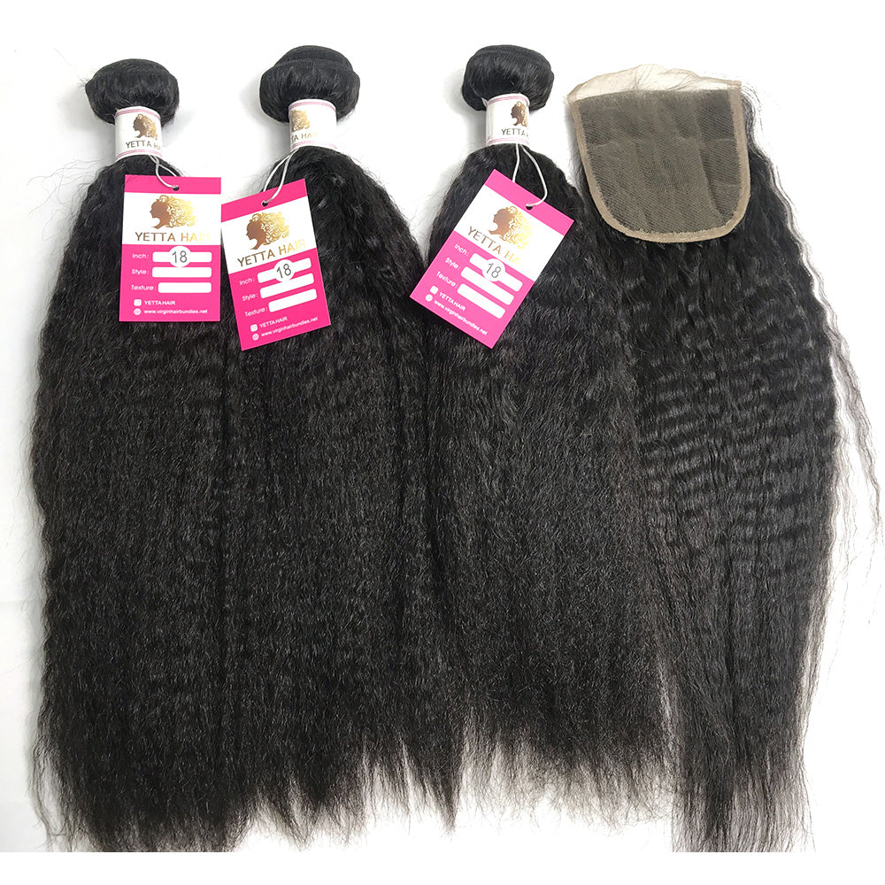 100% Virgin Brazilian Hair Kinky Straight bundles with Top Lace Closure