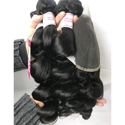 100% Virgin Brazilian Hair Loose wave bundles with Top Lace Closure