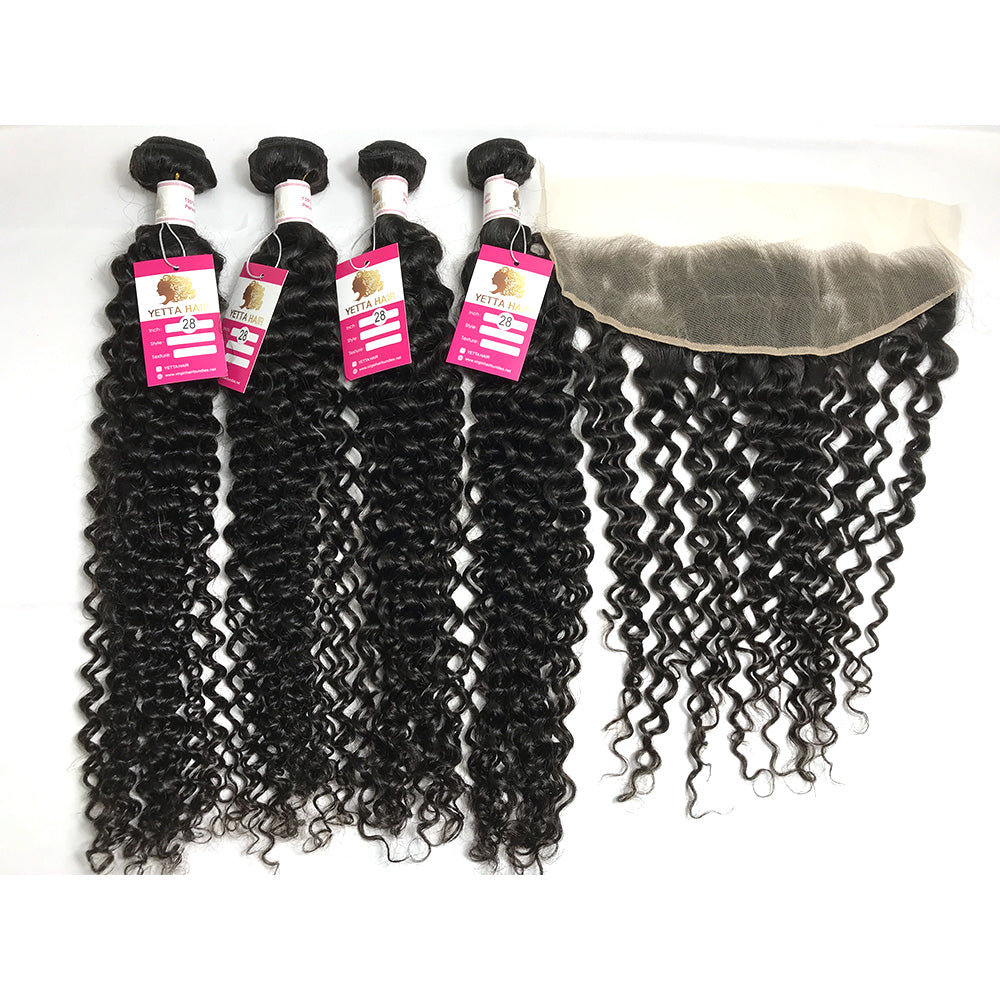 100% Virgin Brazilian Hair 4Pcs Natural Curly Bundles with Ear to ear Lace Frontal