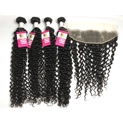 100% Virgin Brazilian Hair 4Pcs Natural Curly Bundles with Ear to ear Lace Frontal