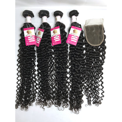 100% Virgin Brazilian Hair Natural Curly 4bundles with Top Lace Closure