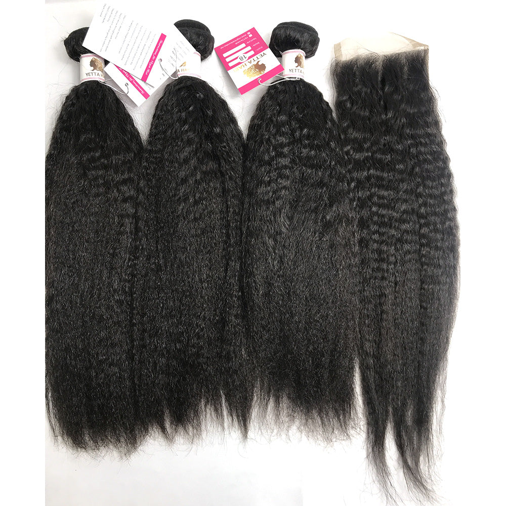 100% Virgin Brazilian Hair Kinky Straight bundles with Top Lace Closure