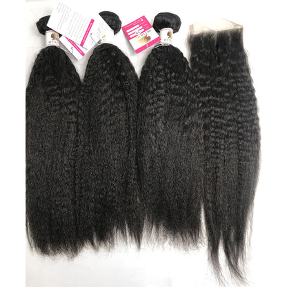100% Virgin Brazilian Hair Kinky Straight bundles with Top Lace Closure