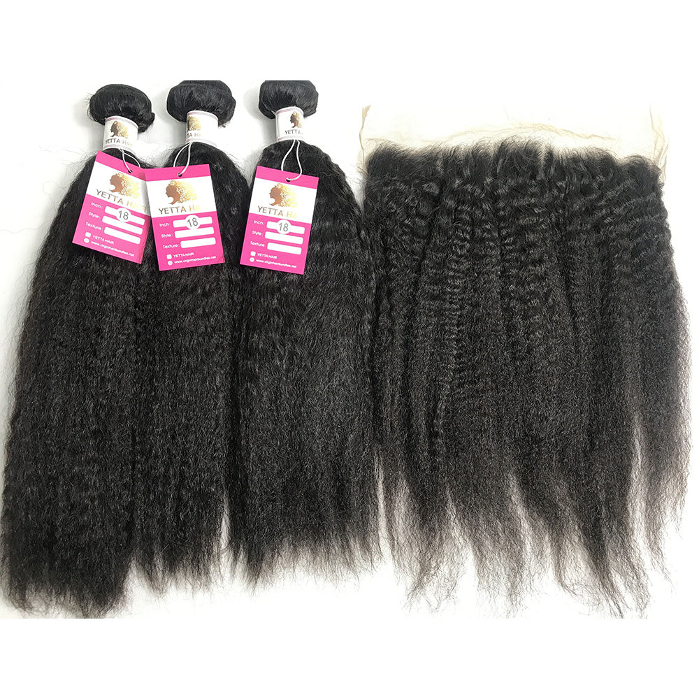 100% Virgin Brazilian Hair Kinky Straight bundles with Ear to ear Lace Frontal