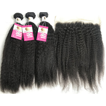 100% Virgin Brazilian Hair Kinky Straight bundles with Ear to ear Lace Frontal