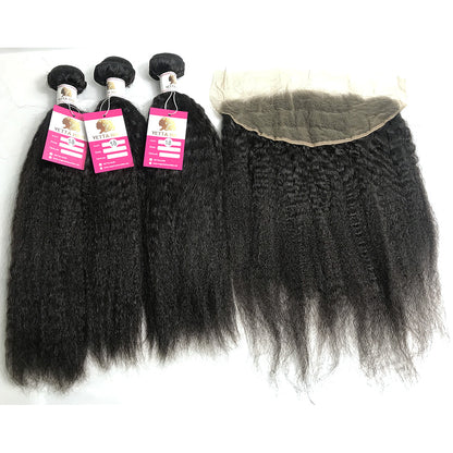 100% Virgin Brazilian Hair Kinky Straight bundles with Ear to ear Lace Frontal