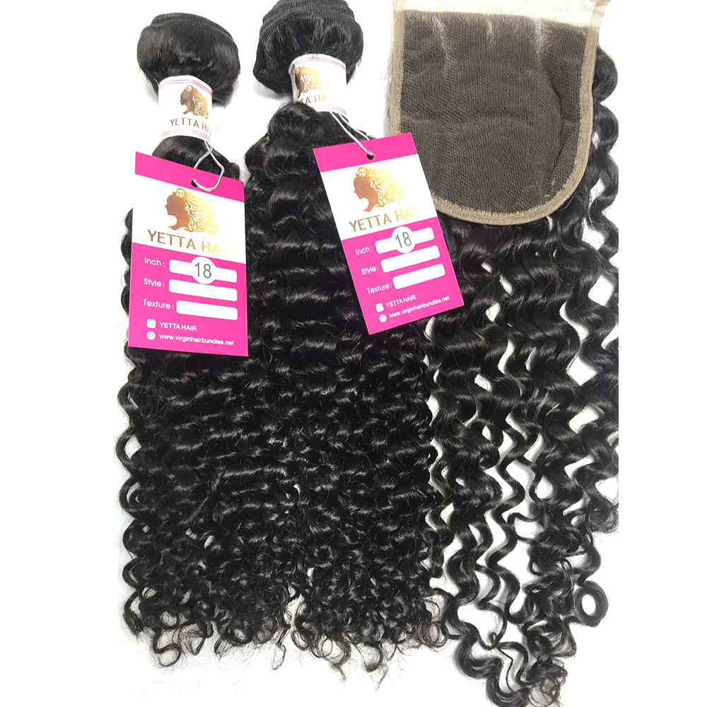 100% Virgin Brazilian Hair Natural Curly bundles with Top Lace Closure