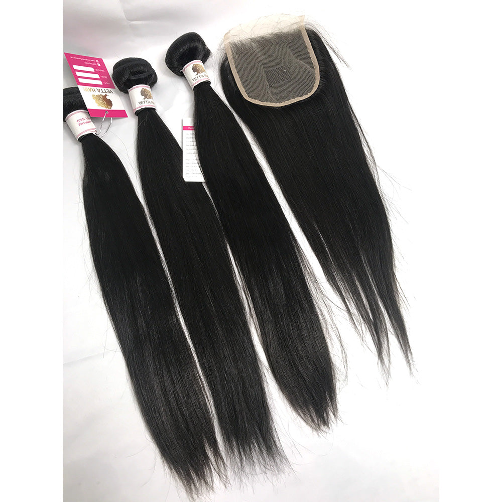 100% Virgin Brazilian Hair Straight bundles with Top Lace Closure