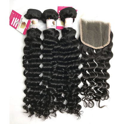 100% Virgin Brazilian Hair Deep wave bundles with Top Lace Closure