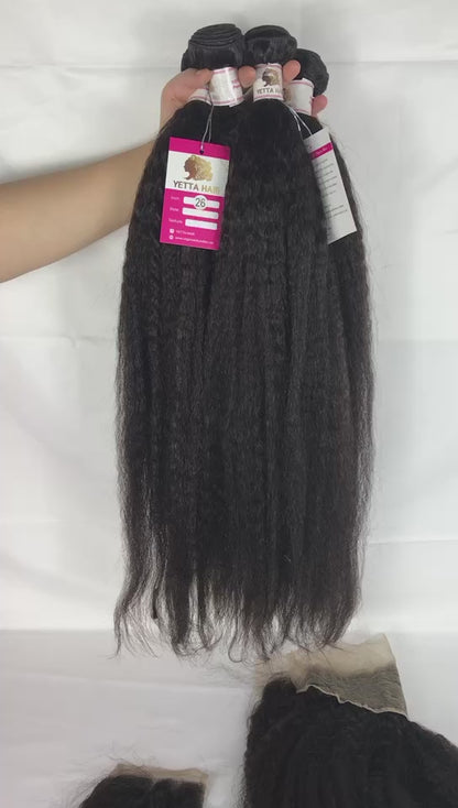 100% Virgin Brazilian Hair Kinky Straight 4bundles with Top Lace Closure
