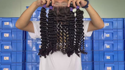100% Virgin Brazilian Hair Deep Curly 4bundles with Top Lace Closure