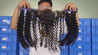 100% Virgin Brazilian Hair Deep Curly 4Bundles with Ear to ear lace frontal