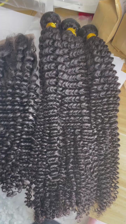 100% Virgin Brazilian Hair Kinky Curly 4bundles with Top Lace Closure